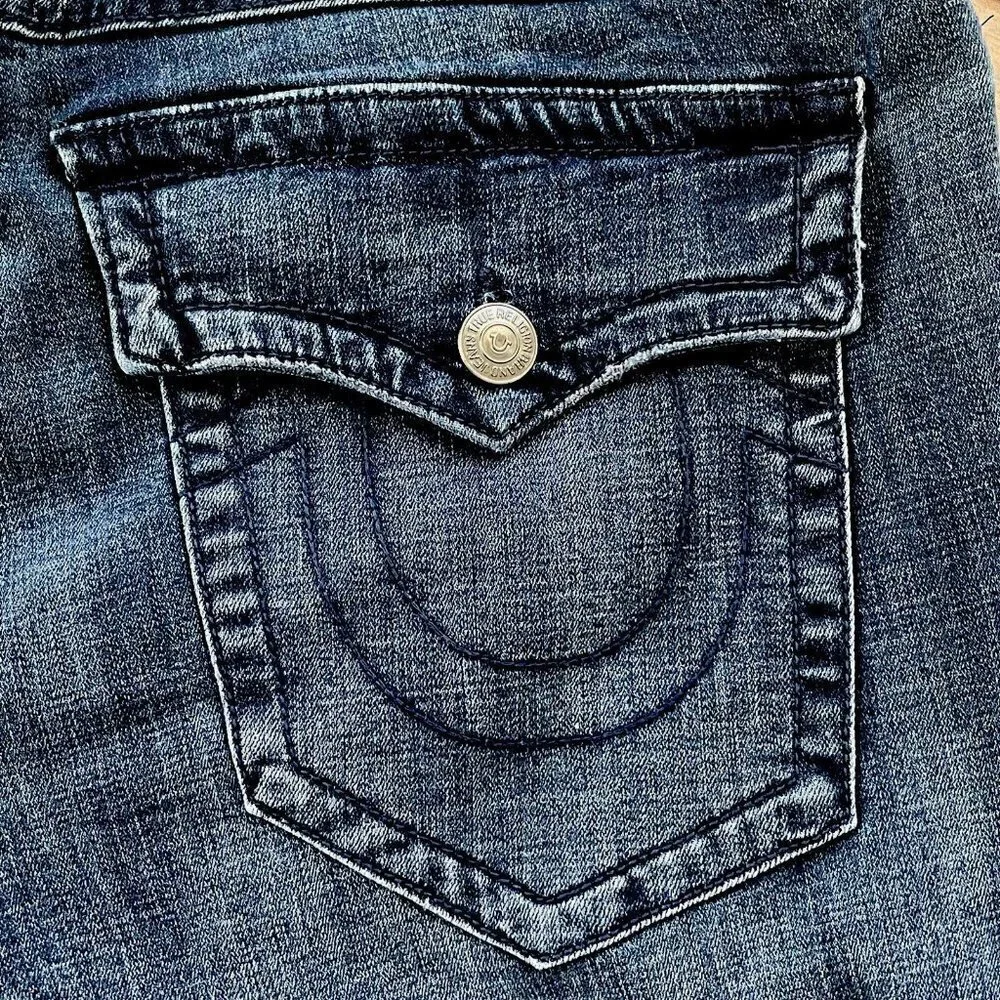 True Religion Mens Black Ricky Relaxed Fit Straight Leg Jeans Sz 32 Flap Pocket